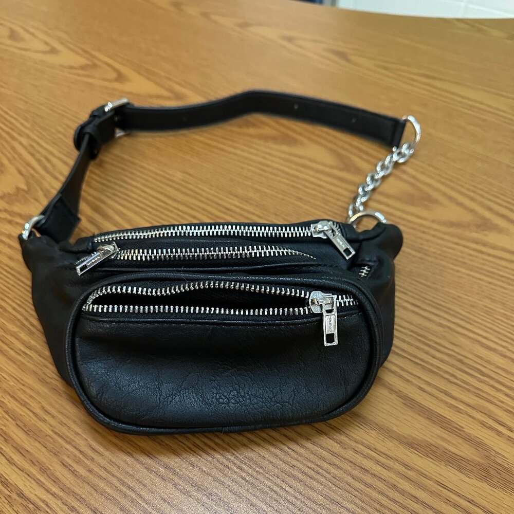 Black Leather Multi-Zipper Belt Bag Fanny Pack - Silver Chain Detai